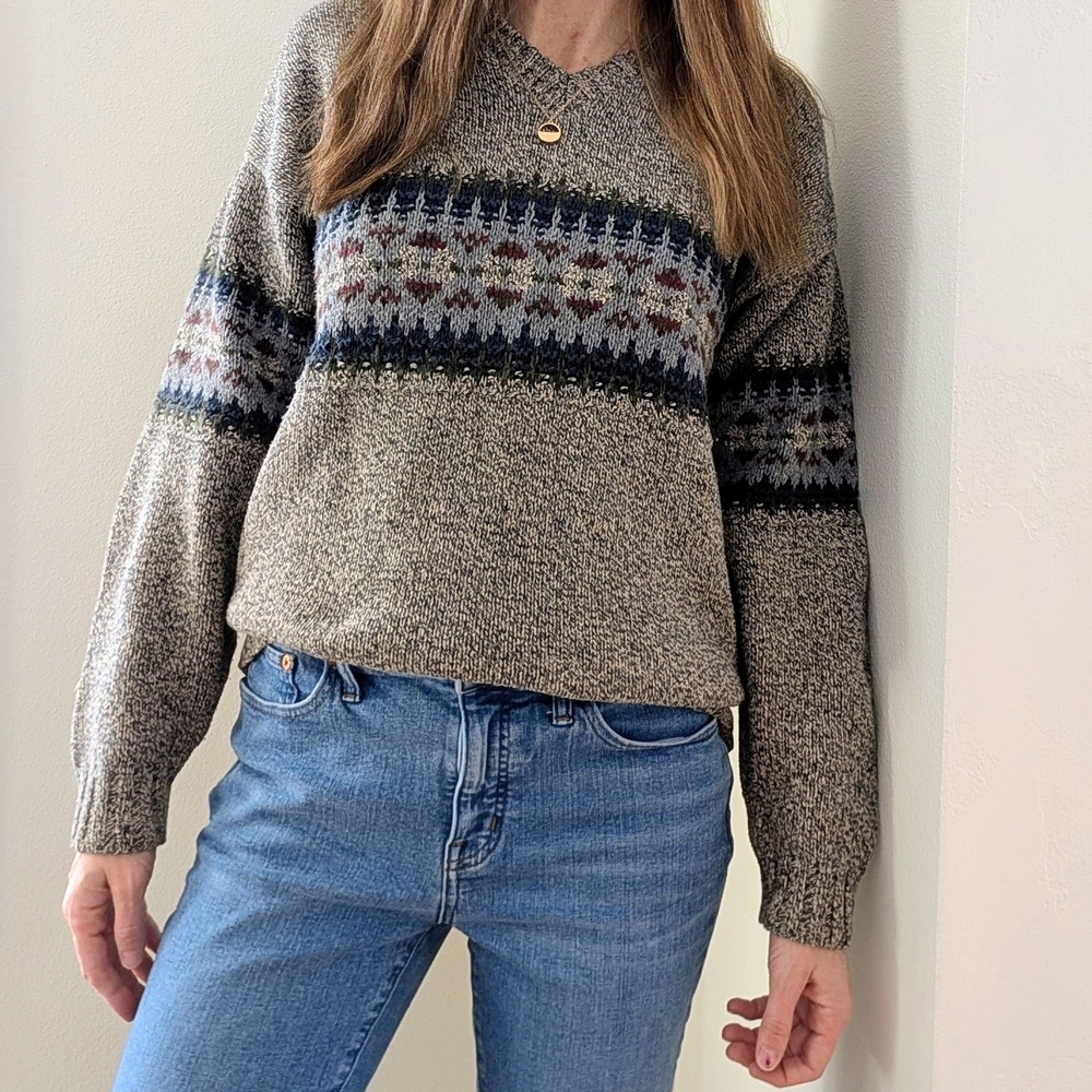 Vintage Abstract Geometric Chunky Patterned V-neck Sweater In Gray